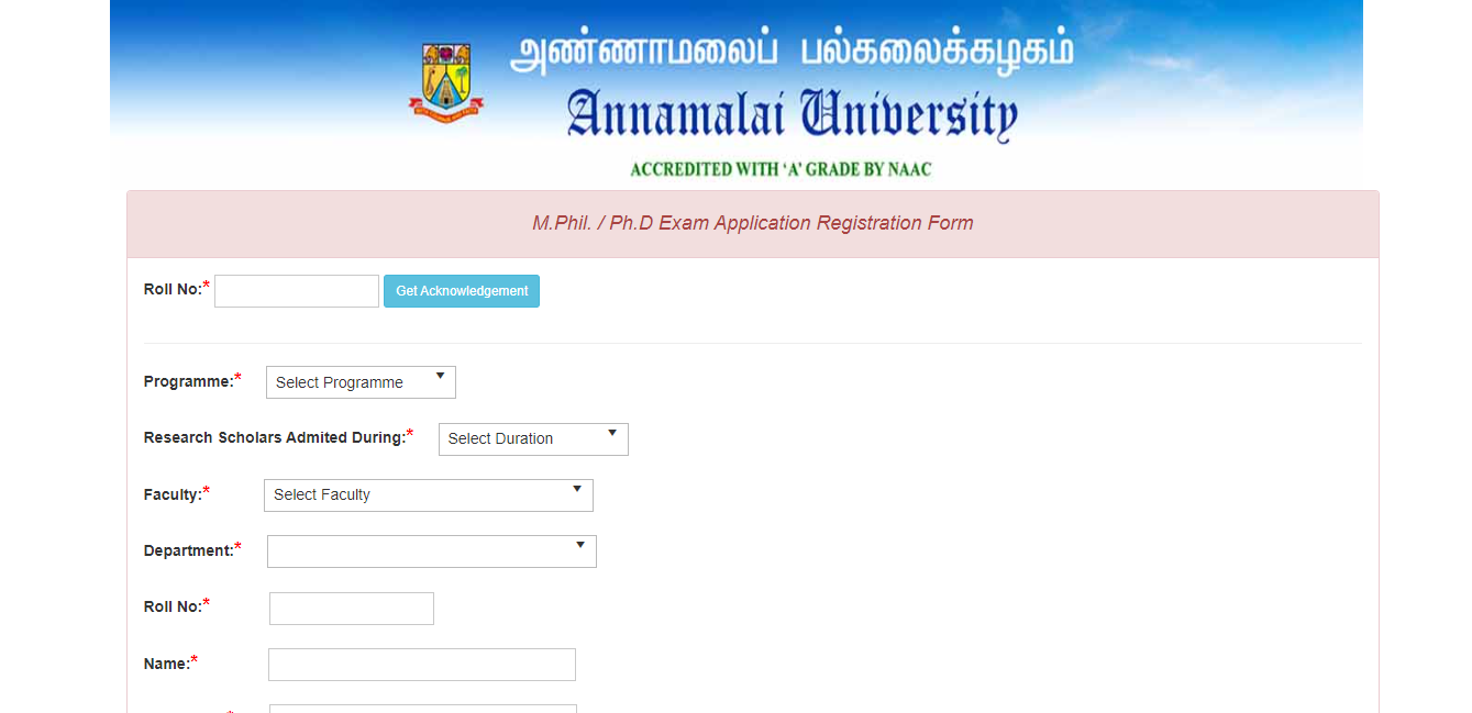annamalai University phd application form