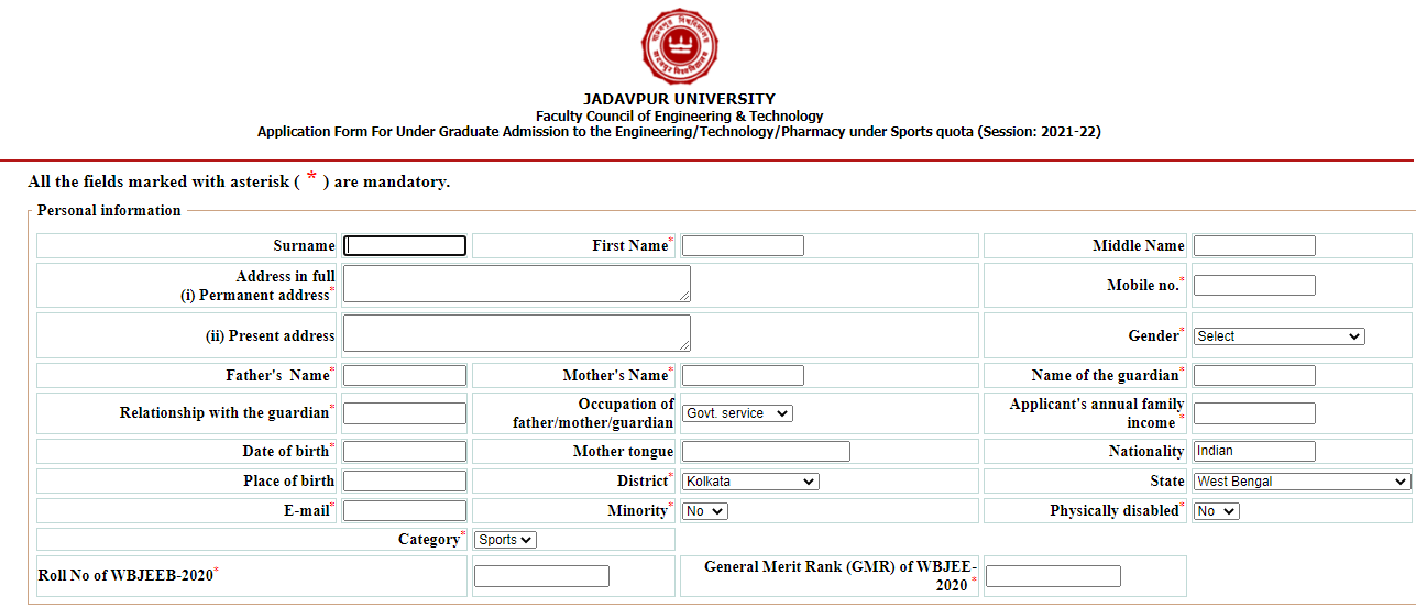 jadavpur university application form 2021
