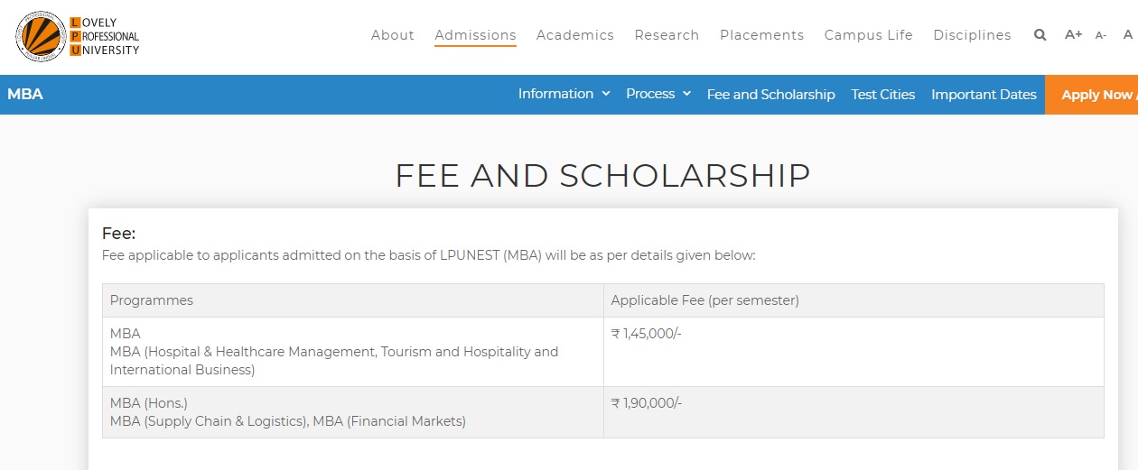 LPU Fee Structure For MBA